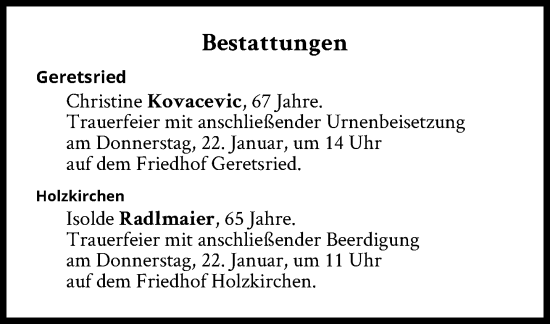 Traueranzeige von Bestattungen vom 22.01.2026 von Süddeutsche Zeitung