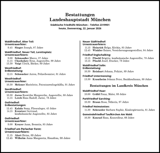 Traueranzeige von Bestattungen vom 22.01.2026 von Süddeutsche Zeitung