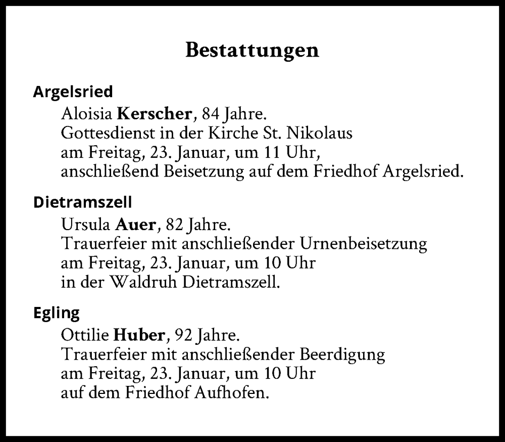  Traueranzeige für Bestattungen vom 23.01.2026 vom 23.01.2026 aus Süddeutsche Zeitung