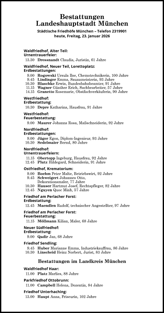  Traueranzeige für Bestattungen vom 23.01.2026 vom 23.01.2026 aus Süddeutsche Zeitung