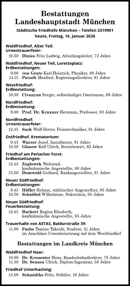 Traueranzeige von Bestattungskalender vom 16.01.2026  von Süddeutsche Zeitung