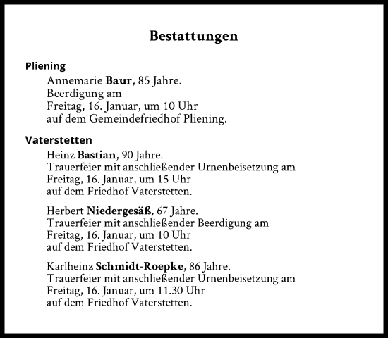 Traueranzeige von Bestattungskalender vom 16.01.2026  von Süddeutsche Zeitung