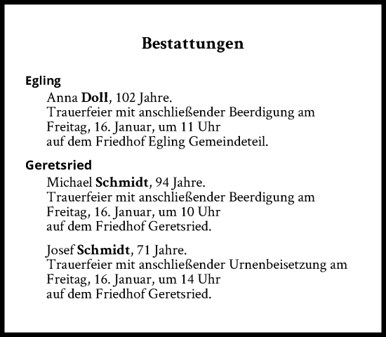 Traueranzeige von Bestattungskalender vom 16.01.2026  von Süddeutsche Zeitung