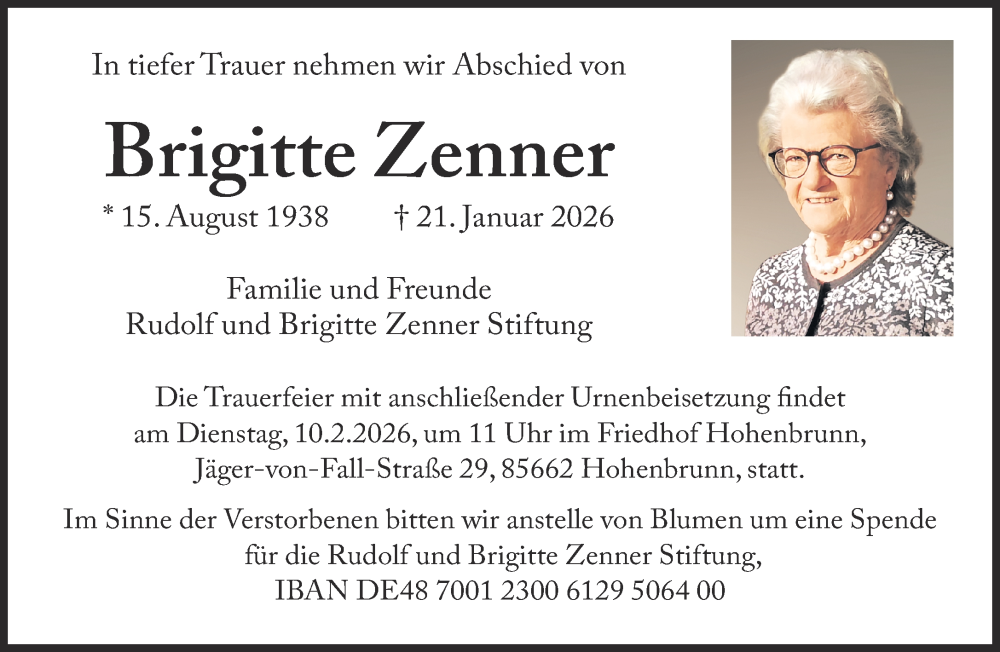  Traueranzeige für Brigitte Zenner vom 31.01.2026 aus Süddeutsche Zeitung