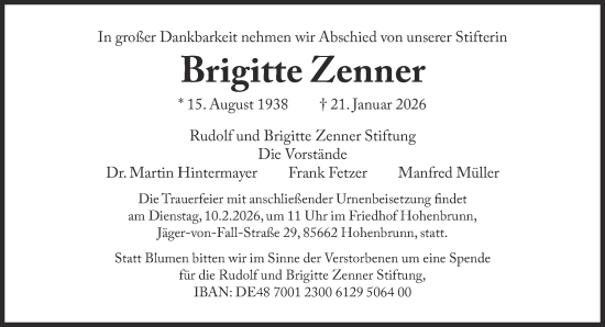 Traueranzeige von Brigitte Zenner von Süddeutsche Zeitung