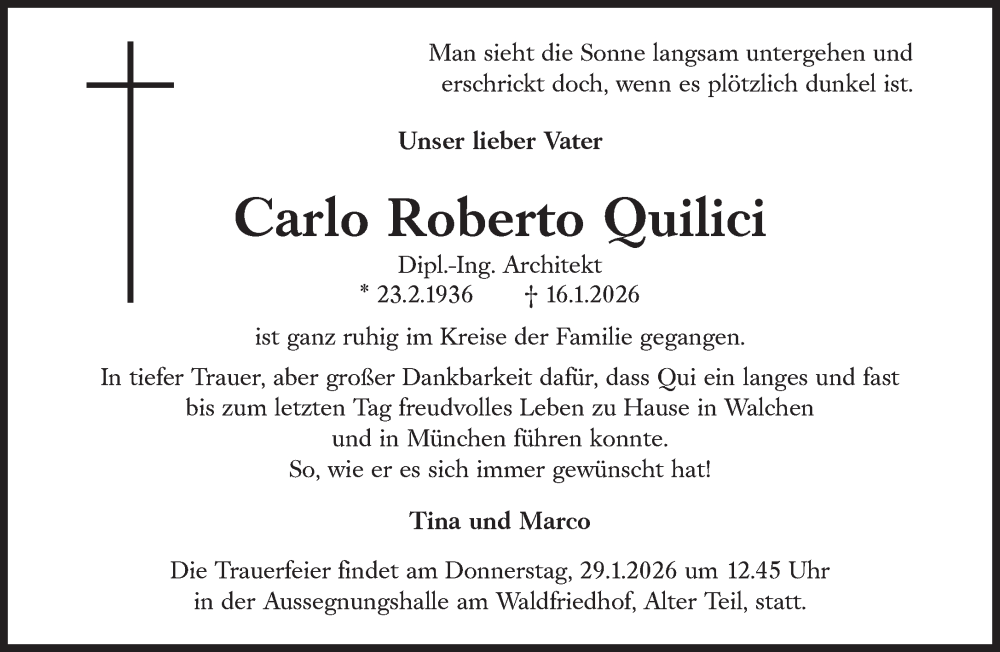  Traueranzeige für Carlo Roberto Quilici vom 24.01.2026 aus Süddeutsche Zeitung