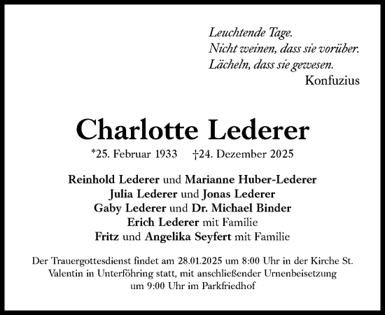 Traueranzeige von Charlotte Lederer von Süddeutsche Zeitung