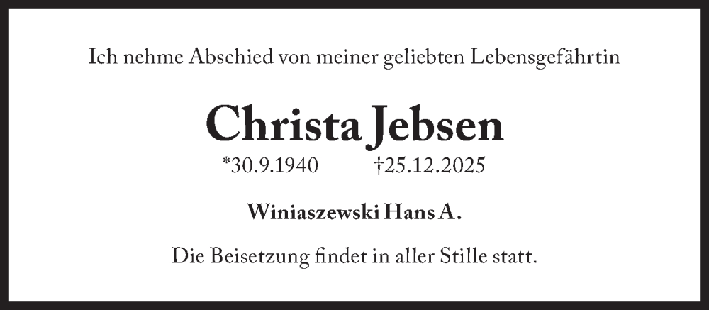  Traueranzeige für Christa Jebsen vom 03.01.2026 aus Süddeutsche Zeitung