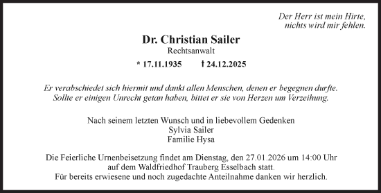 Traueranzeige von Christian Sailer von Süddeutsche Zeitung