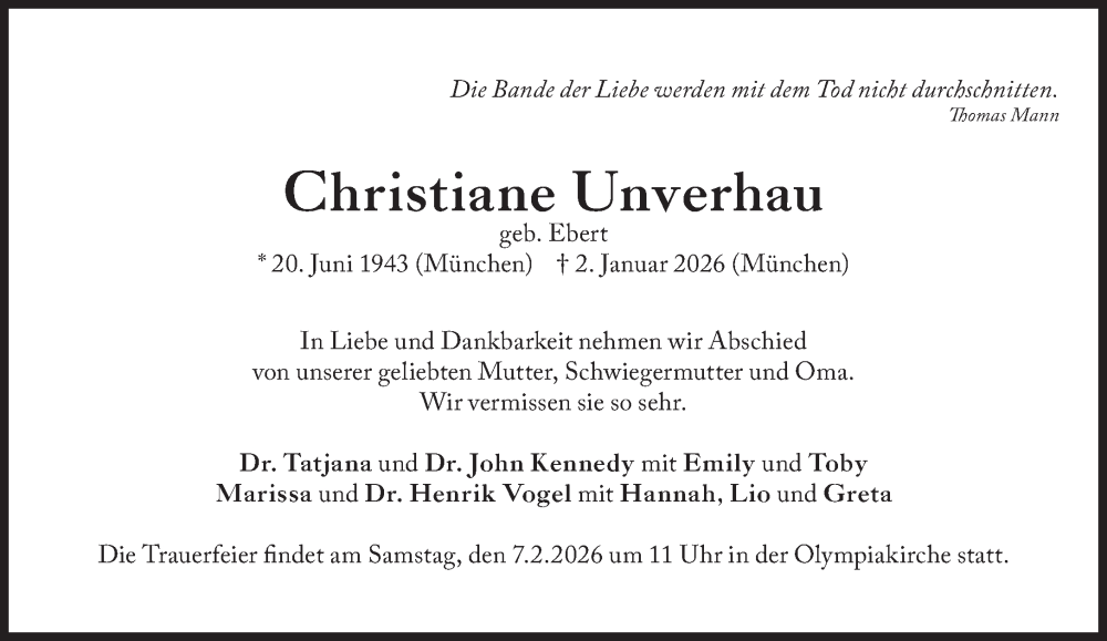  Traueranzeige für Christiane Unverhau vom 17.01.2026 aus Süddeutsche Zeitung