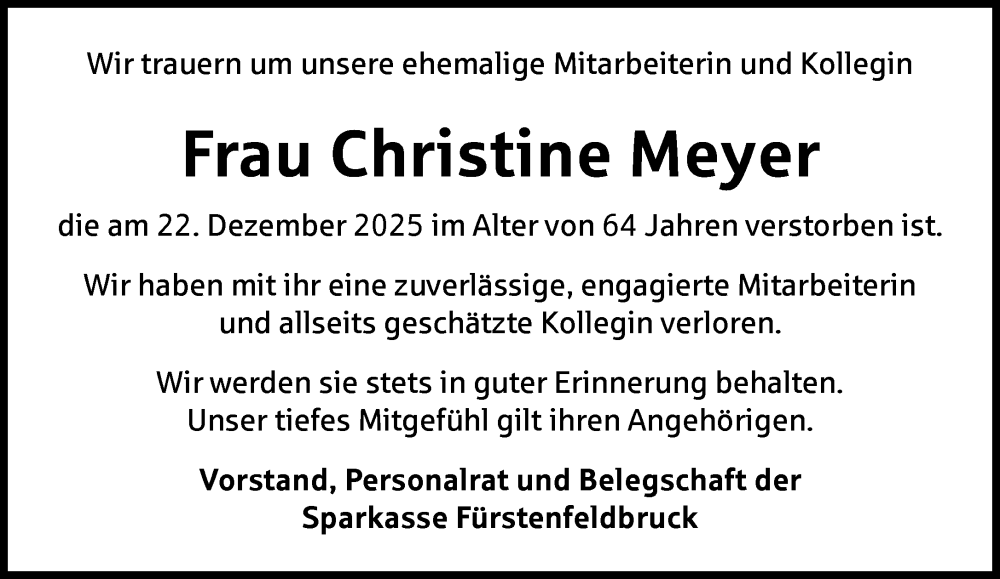  Traueranzeige für Christine Meyer vom 22.01.2026 aus Süddeutsche Zeitung
