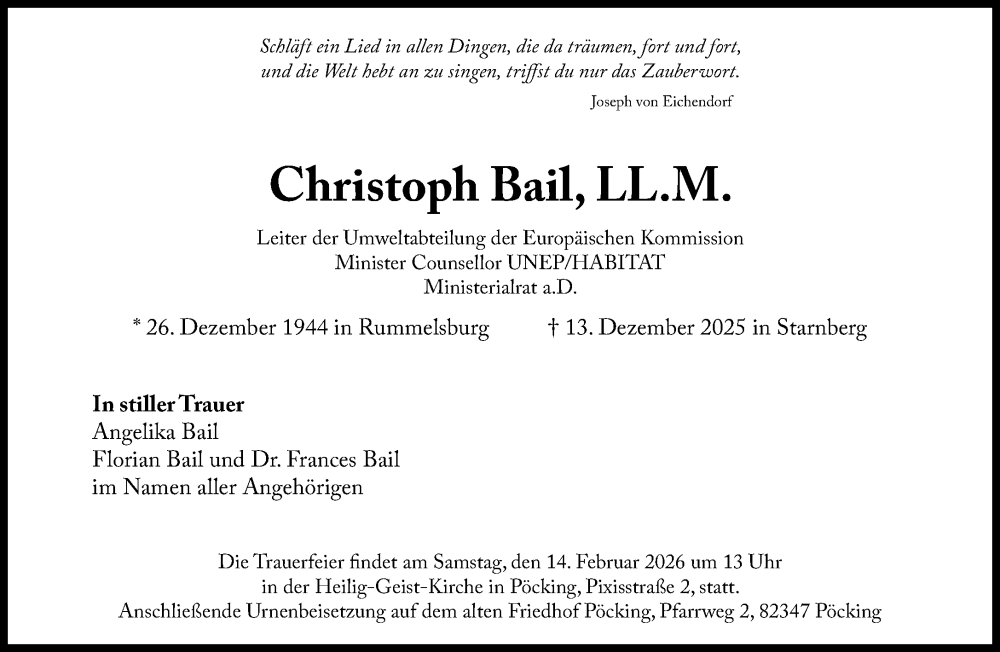  Traueranzeige für Christoph Bail vom 31.01.2026 aus Süddeutsche Zeitung