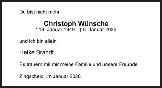 Traueranzeige von Christoph Wünsche von Süddeutsche Zeitung