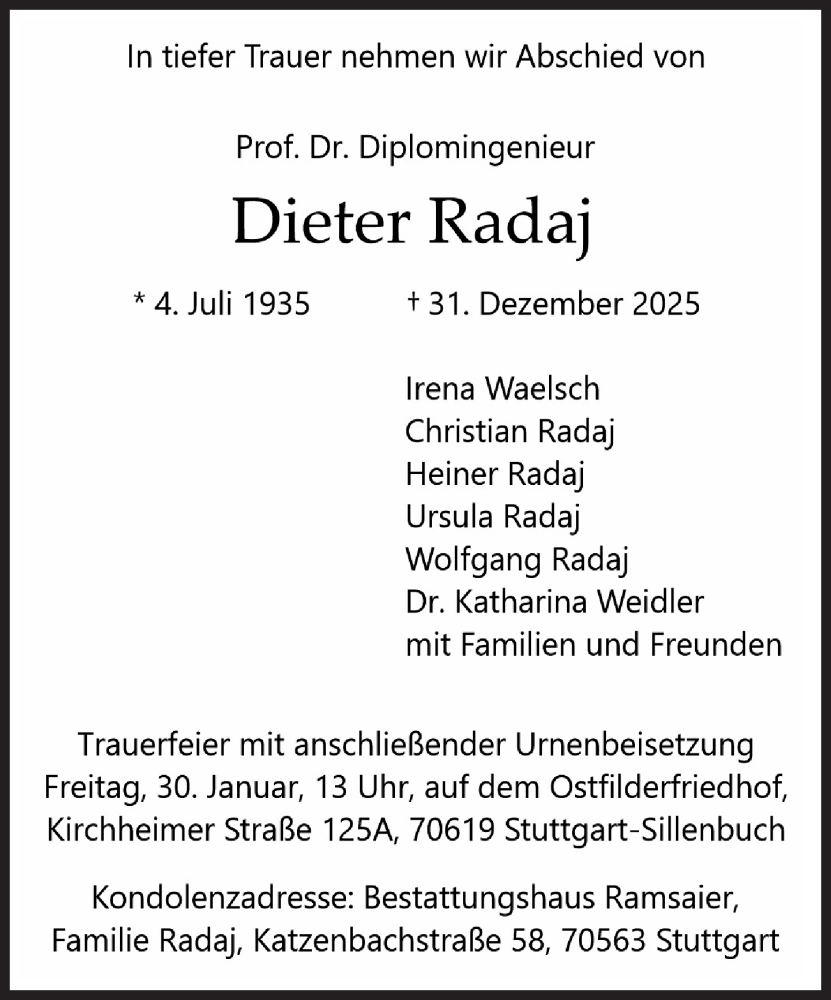  Traueranzeige für Dieter Radaj vom 17.01.2026 aus Süddeutsche Zeitung