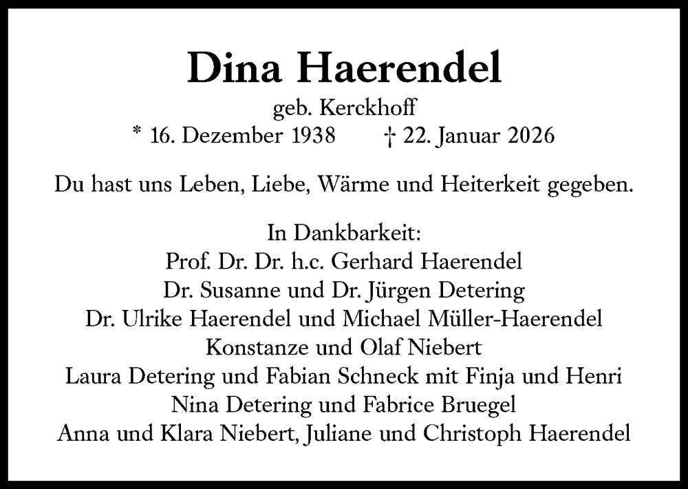  Traueranzeige für Dina Haerendel vom 27.01.2026 aus Süddeutsche Zeitung
