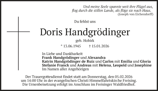 Traueranzeige von Doris Handgrödinger von Süddeutsche Zeitung
