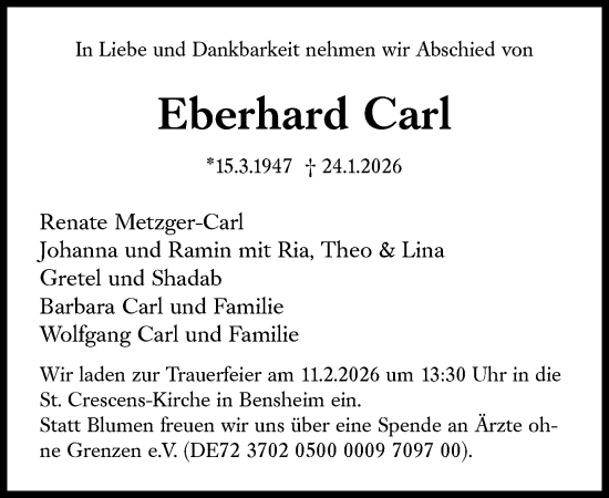 Traueranzeige von Eberhard Carl von Süddeutsche Zeitung