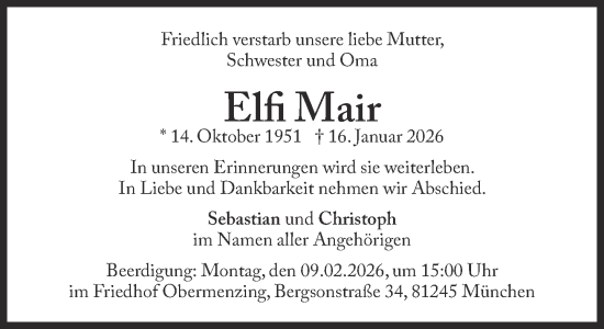 Traueranzeige von Elfi Mair von Süddeutsche Zeitung