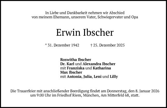 Traueranzeige von Erwin Ibscher von Süddeutsche Zeitung