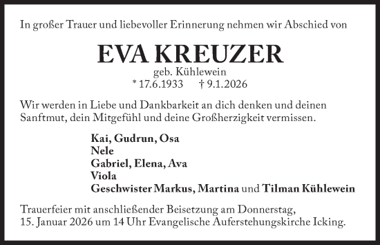Traueranzeige von Eva Kreuzer von Süddeutsche Zeitung