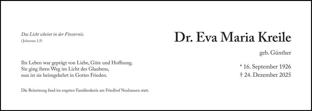  Traueranzeige für Eva Maria Kreile vom 24.01.2026 aus Süddeutsche Zeitung