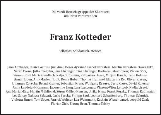 Traueranzeige von Franz Kotteder von Süddeutsche Zeitung
