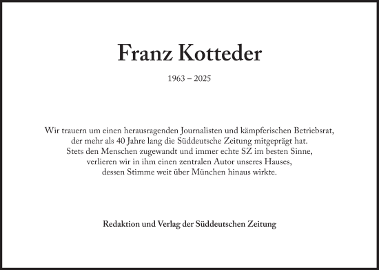 Traueranzeige von Franz Kotteder von Süddeutsche Zeitung