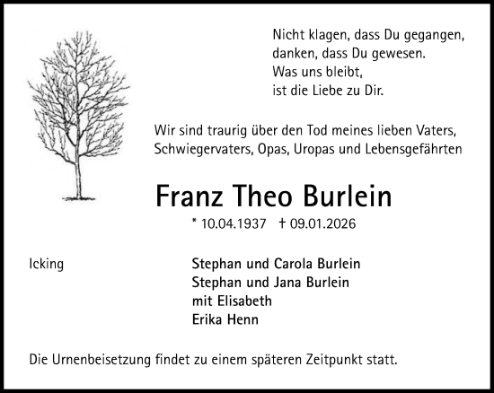 Traueranzeige von Franz Theo Burlein von Süddeutsche Zeitung