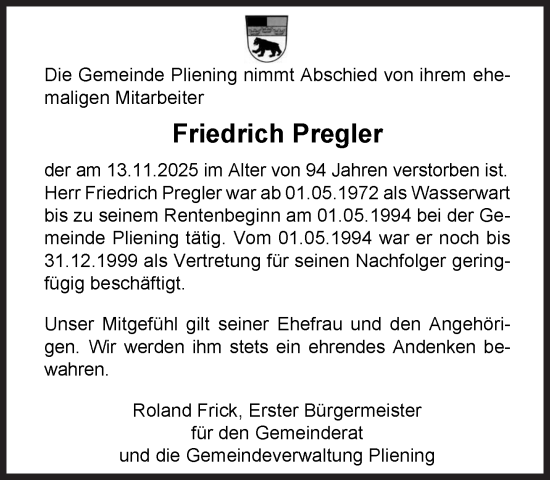 Traueranzeige von Friedrich Pregler von Süddeutsche Zeitung