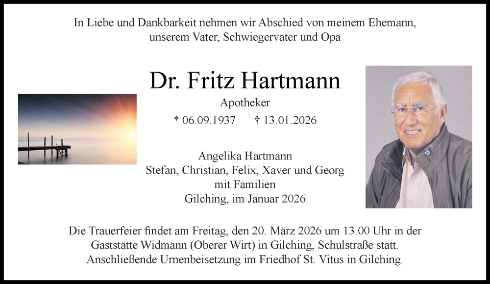  Traueranzeige für Fritz Hartmann vom 31.01.2026 aus Süddeutsche Zeitung