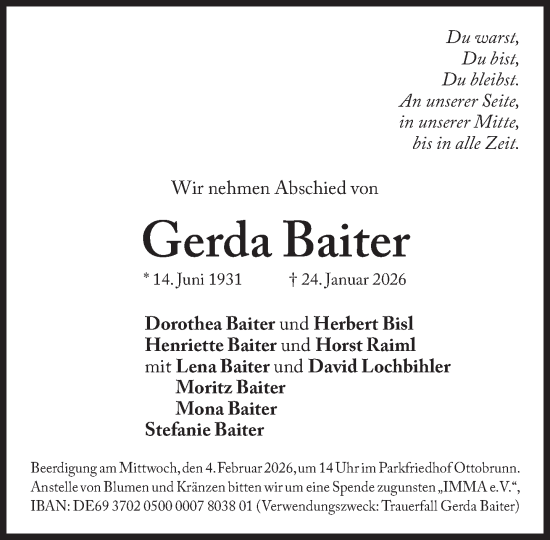 Traueranzeige von Gerda Baiter von Süddeutsche Zeitung