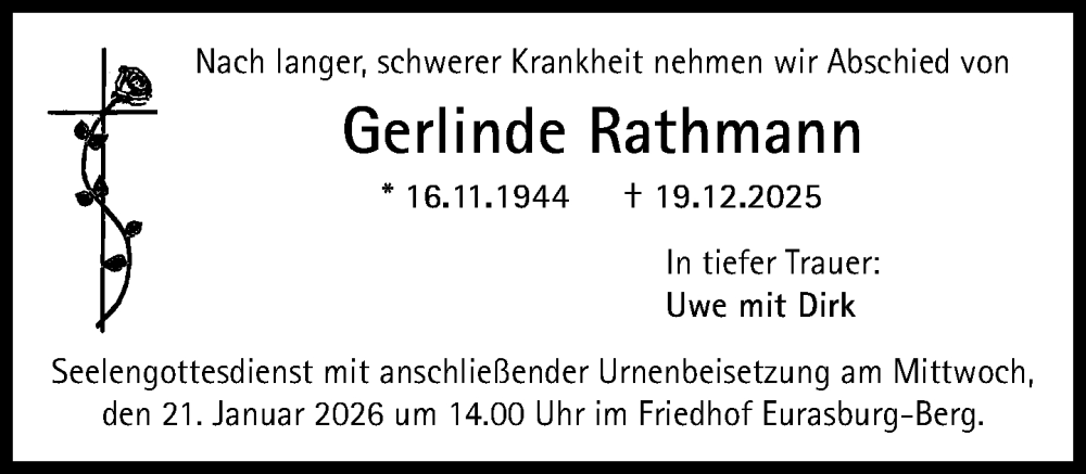  Traueranzeige für Gerlinde Rathmann vom 10.01.2026 aus Süddeutsche Zeitung