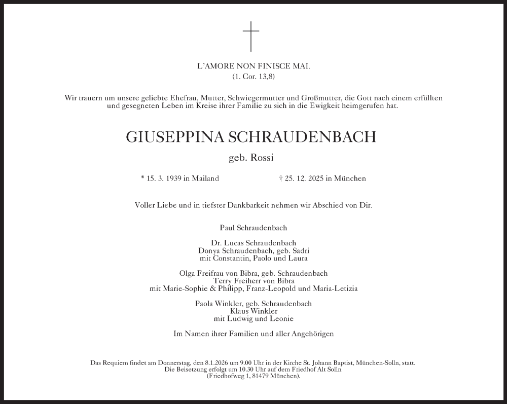  Traueranzeige für Giuseppina Schraudenbach vom 03.01.2026 aus Süddeutsche Zeitung