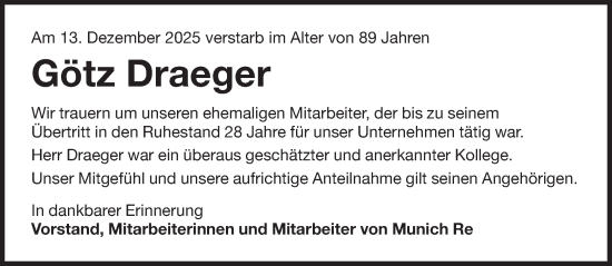 Traueranzeige von Götz Draeger von Süddeutsche Zeitung