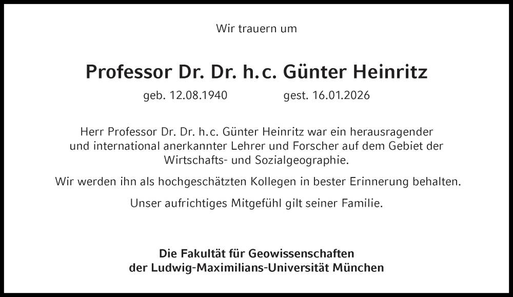  Traueranzeige für Günter Heinritz vom 24.01.2026 aus Süddeutsche Zeitung