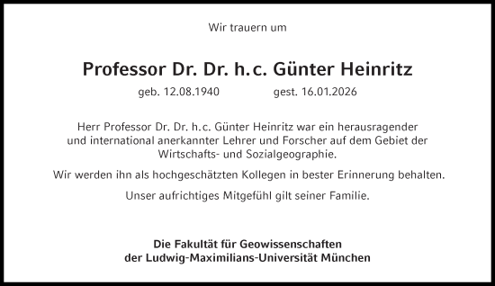 Traueranzeige von Günter Heinritz von Süddeutsche Zeitung