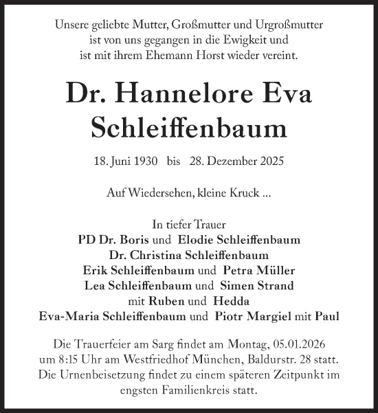 Traueranzeige von Hannelore Eva Schleiffenbaum von Süddeutsche Zeitung