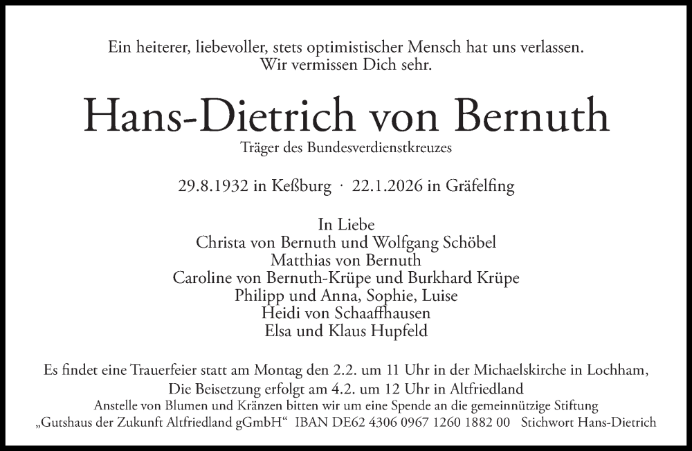  Traueranzeige für Hans-Dietrich von Bernuth vom 30.01.2026 aus Süddeutsche Zeitung