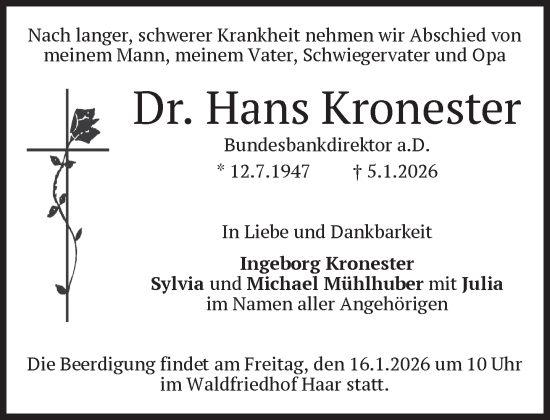 Traueranzeige von Hans Kronester von Süddeutsche Zeitung