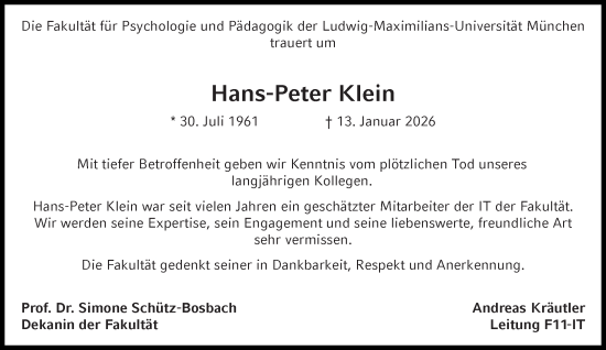 Traueranzeige von Hans-Peter Klein von Süddeutsche Zeitung