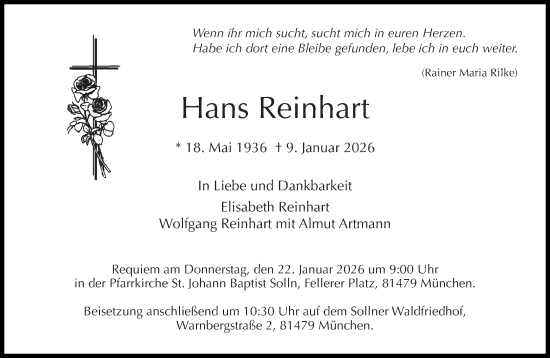 Traueranzeige von Hans Reinhart von Süddeutsche Zeitung