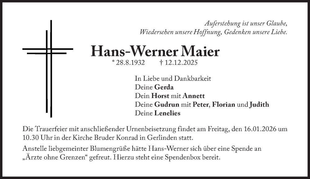  Traueranzeige für Hans-Werner Maier vom 10.01.2026 aus Süddeutsche Zeitung
