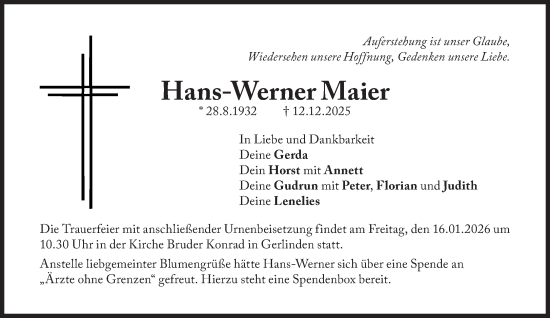 Traueranzeige von Hans-Werner Maier von Süddeutsche Zeitung