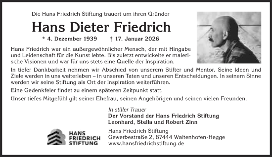 Traueranzeige von Hans Dieter Friedrich von Süddeutsche Zeitung