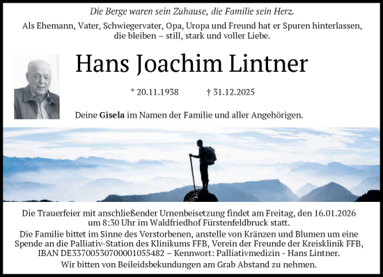 Traueranzeige von Hans Joachim Lintner von Süddeutsche Zeitung