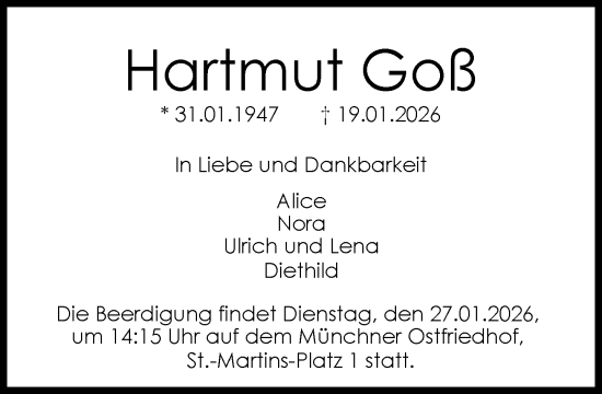 Traueranzeige von Hartmut Goß von Süddeutsche Zeitung