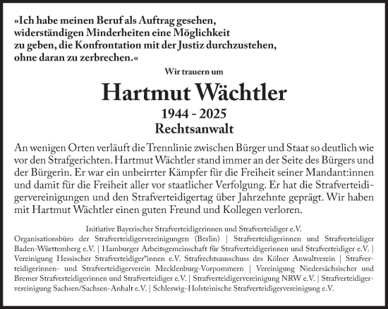 Traueranzeige von Hartmut Wächtler von Süddeutsche Zeitung