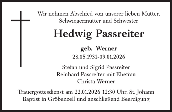 Traueranzeige von Hedwig Passreiter von Süddeutsche Zeitung