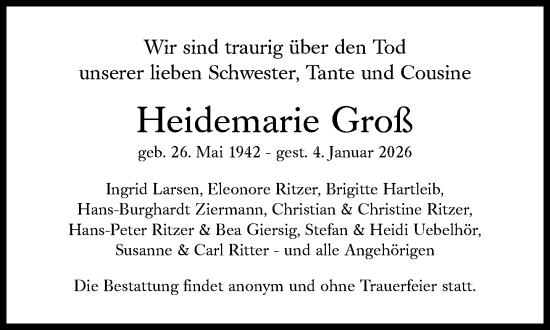 Traueranzeige von Heidemarie Groß von Süddeutsche Zeitung