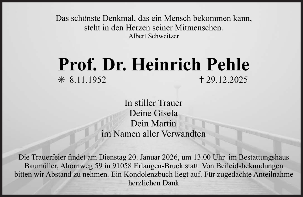  Traueranzeige für Heinrich Pehle vom 17.01.2026 aus Süddeutsche Zeitung